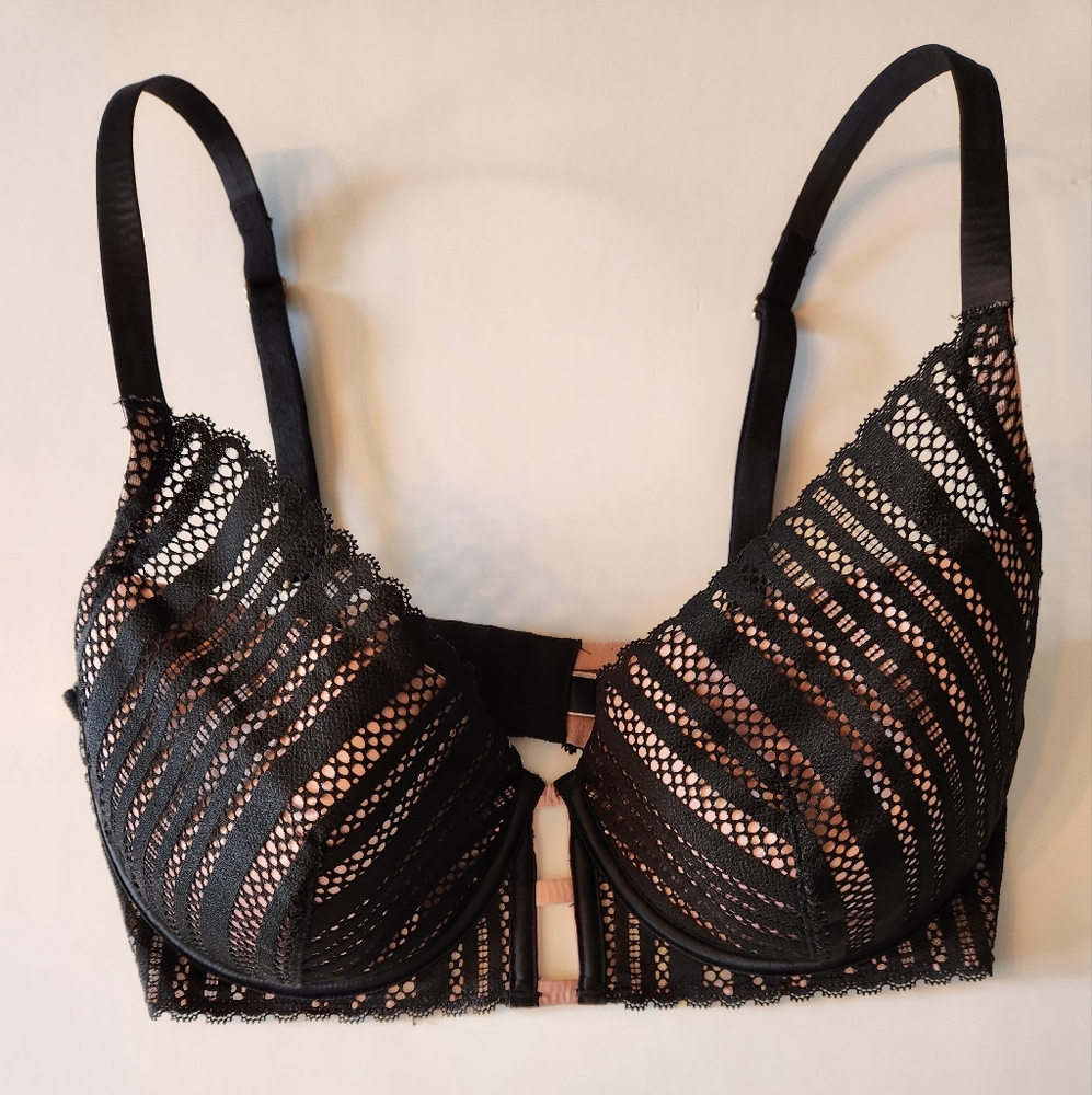 Victoria's Secret Black and Pink Lace Plunge Bra 34DD